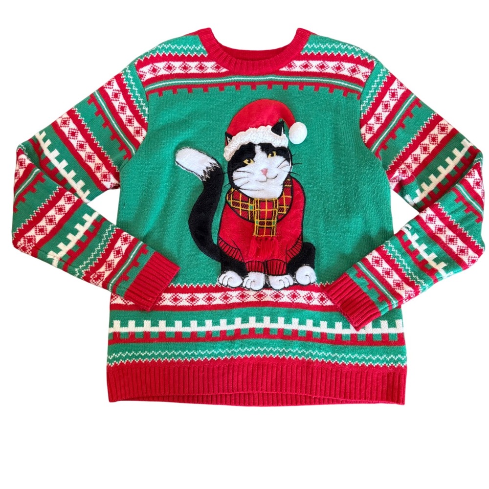 Ugly Christmas Sweater Santa Clause‎ Cat Santa 3D Tartan Scarf Green Red Size L